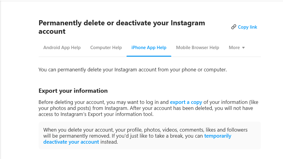delete instagram account